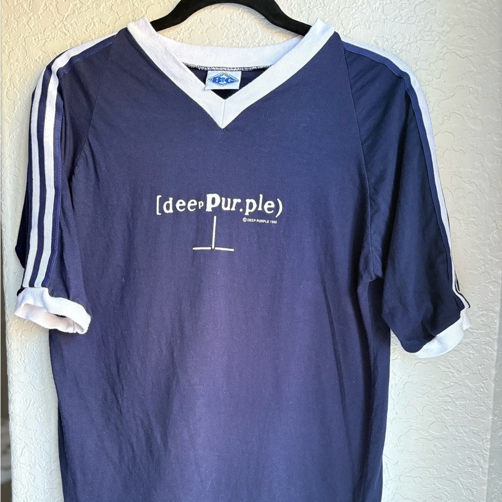 Vintage B.I.G Mens Navy Short Sleeve V Neck Shirt Deep Purple Ringer Size‎ S